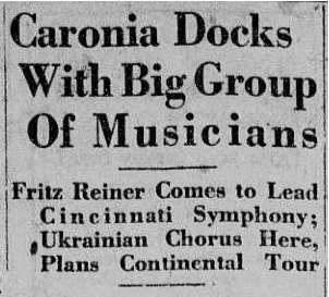 Newspaper article announcing arrival of Ukrainian National Chorus in New York
