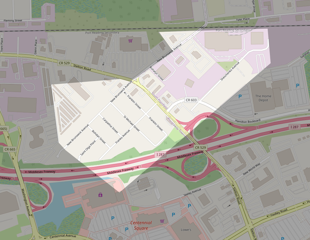 Overlay of the outline of the proposed 1927 Nova Ukraina development (South Plainfield and Piscataway) on the current (2024) street map