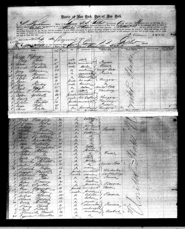 Passenger manifest for the arrival of the S. S. Gellert at the Port of New York from Hamburg, Germany in 1880. Filak's name (spelled as "Fillack") appears on line 42, where he is listed as a 35-year old cartwright from the Austro-Hungarian Empire. Filak was one of the earliest Ruthenian/Ukrainian immigrants in New Jersey, settling in Jersey City.