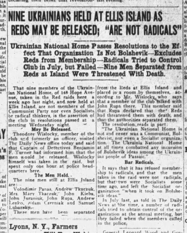 Nine Ukrainians Held At Ellis Island As Reds May Be Released; "Are Not Radicals"