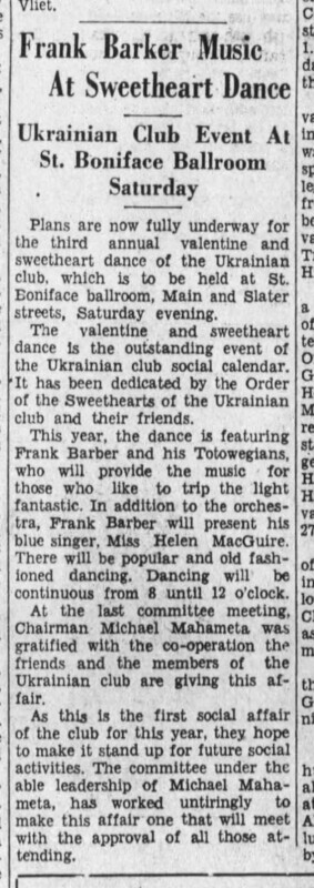 Frank Barker Music at Sweetheart Dance — Ukrainian Club Event at St. Boniface Ballroom Saturday