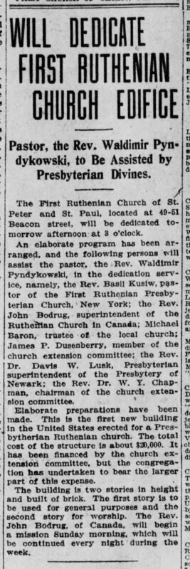 Will Dedicate First Ruthenian Church Edifice -- Pastor, the Rev. Wladimir Pyndykowski, to Be Assisted by Presbyterian Divines