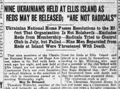 Nine Ukrainians Held At Ellis Island As Reds May Be Released; "Are Not Radicals"